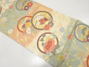 枝垂れ桜に蝶・桐・牡丹模様織り出し　袋帯